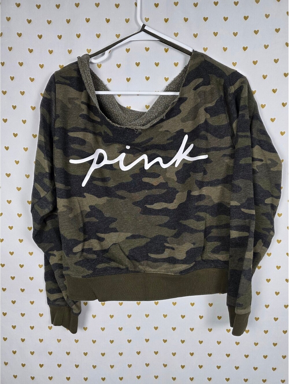Victorias Secret Pink Slouchy Sweater Shirt Camo Green Camouflage Logo  MEDIUM